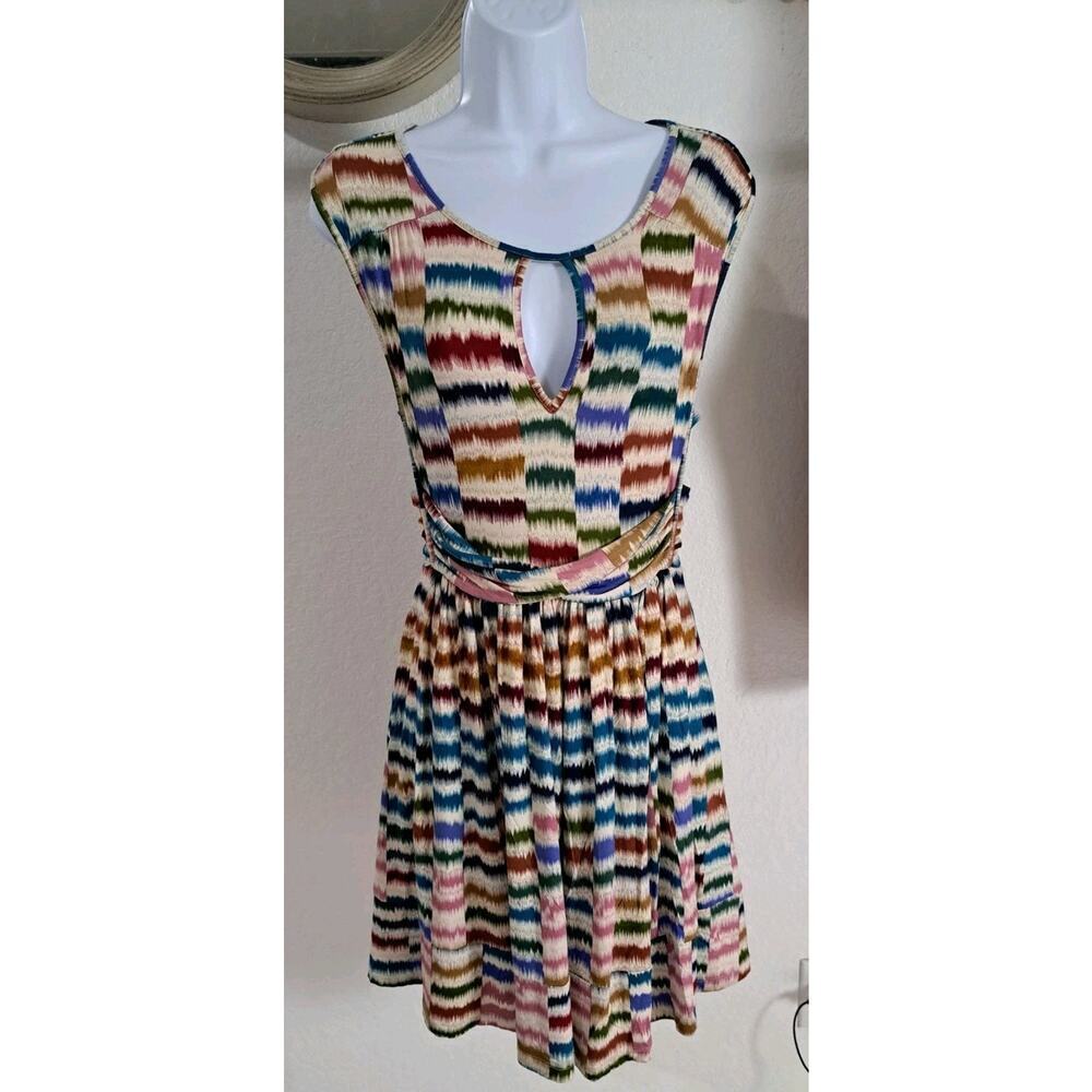 ANTHROPOLOGIE Maeve Sennebec Fit Flare Dress Sz S Jersey Knee Colorful Ikat - Picture 4 of 13